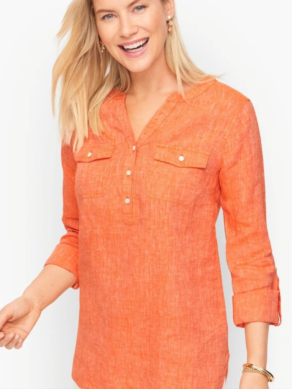 NWT Talbots Orange 100% Linen Band-Collar Popover Tunic Womens Size Large